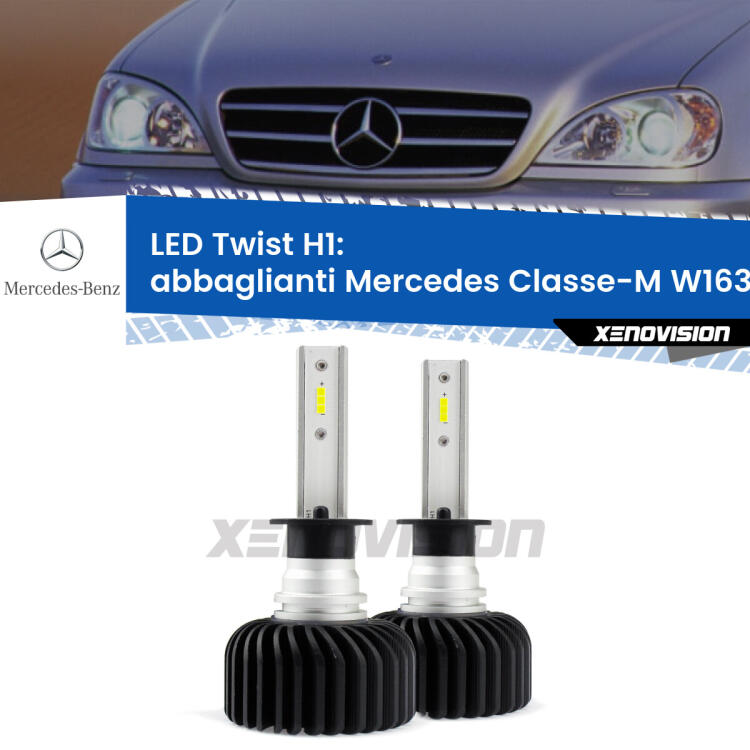 <strong>Kit abbaglianti LED</strong> H1 per <strong>Mercedes Classe-M</strong> W163 1998 -2000. Compatte, impermeabili, senza ventola: praticamente indistruttibili. Top Quality.