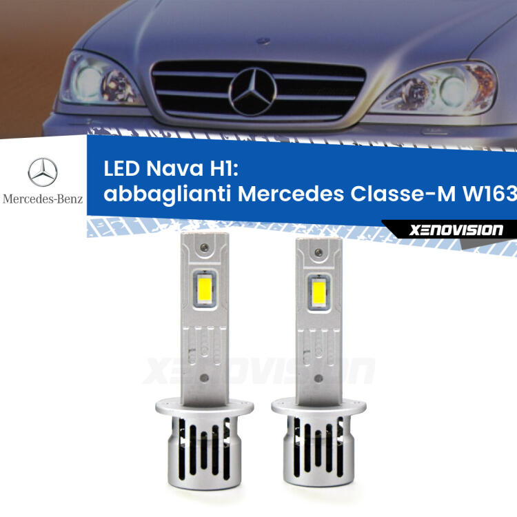 <strong>Abbaglianti LED no-spie per Mercedes Classe-M</strong> W163 1998 -2000. Coppia lampade <strong> H1</strong> modello Nava canbus, raffreddate a ventola.