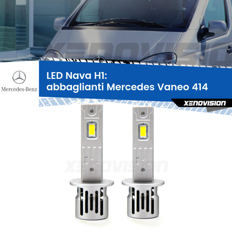 <strong>Abbaglianti LED no-spie per Mercedes Vaneo</strong> 414 2002 -2005. Coppia lampade <strong> H1</strong> modello Nava canbus, raffreddate a ventola.