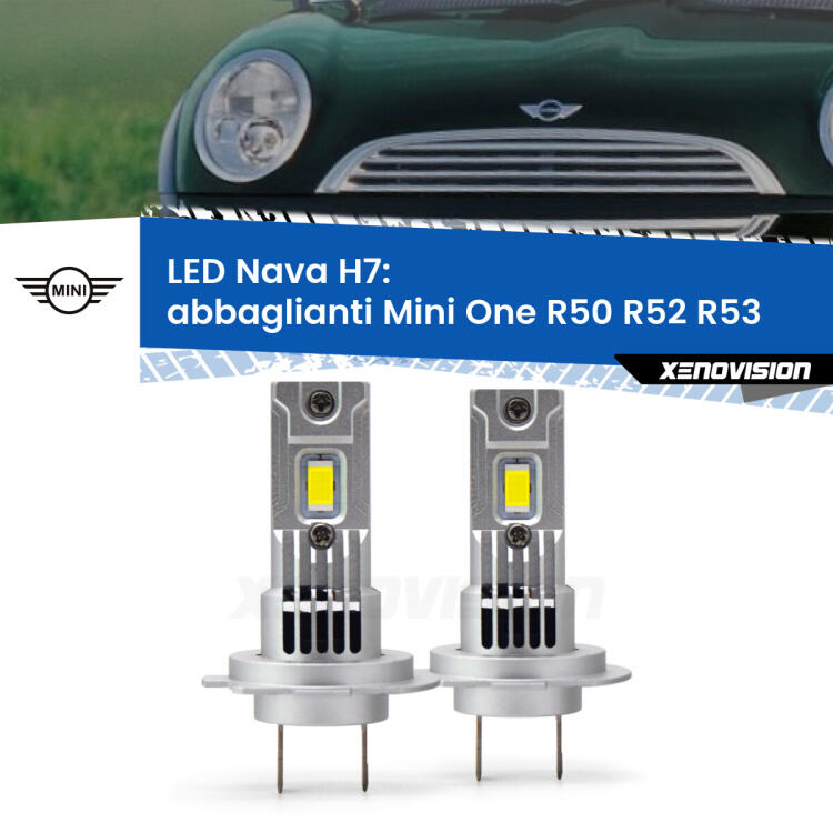 <strong>Abbaglianti LED no-spie per Mini One</strong> R50 R52 R53 2001 -2006. Coppia lampade <strong>H7</strong> modello Nava canbus, raffreddate a ventola.