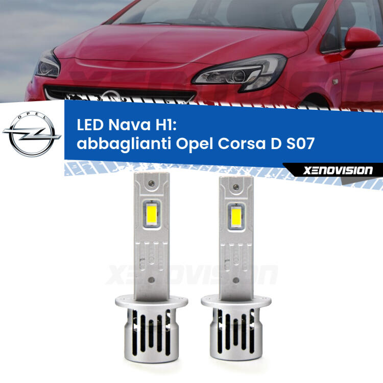 <strong>Abbaglianti LED no-spie per Opel Corsa D</strong> S07 senza luci svolta. Coppia lampade <strong> H1</strong> modello Nava canbus, raffreddate a ventola.