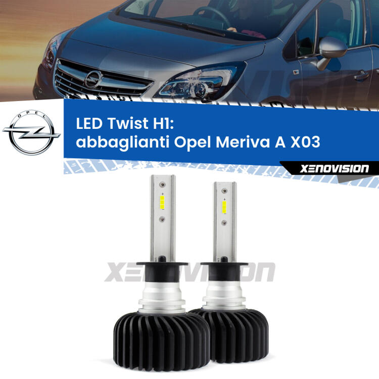 <strong>Kit abbaglianti LED</strong> H1 per <strong>Opel Meriva A</strong> X03 2003 -2010. Compatte, impermeabili, senza ventola: praticamente indistruttibili. Top Quality.