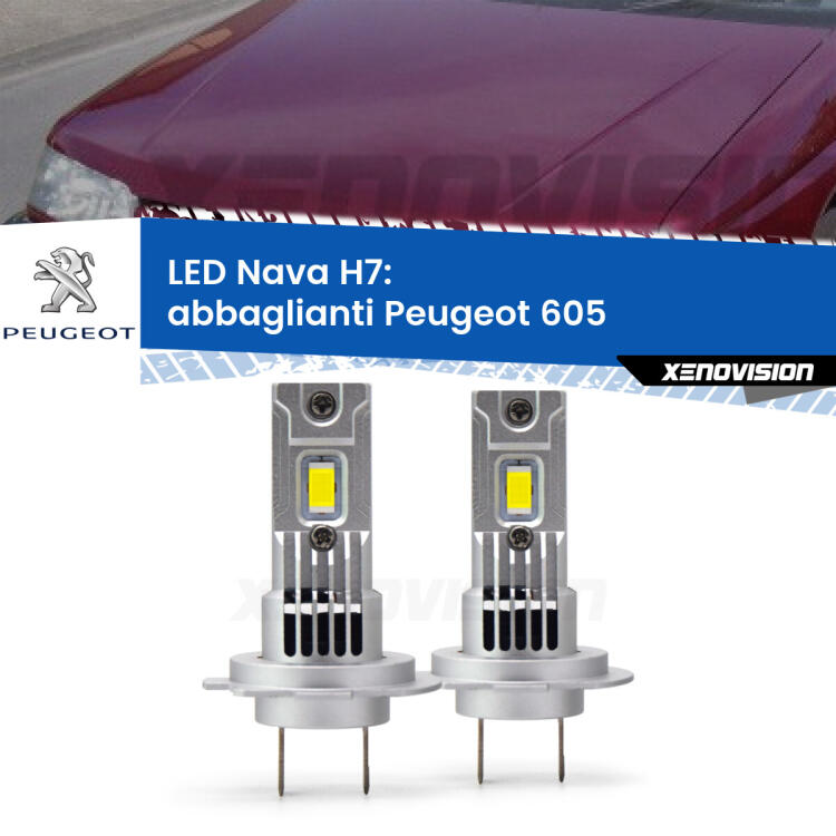 <strong>Abbaglianti LED no-spie per Peugeot 605</strong>  1994 -1999. Coppia lampade <strong>H7</strong> modello Nava canbus, raffreddate a ventola.