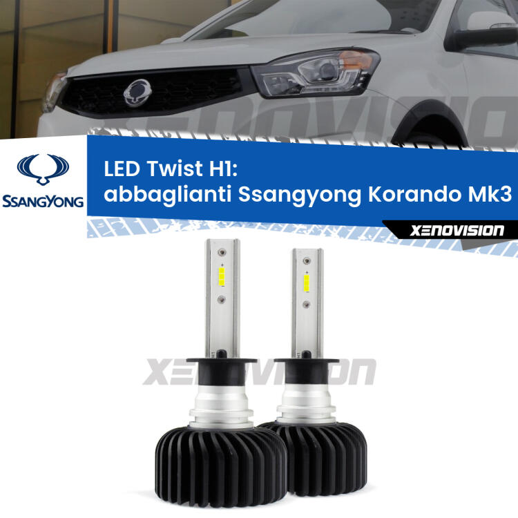 <strong>Kit abbaglianti LED</strong> H1 per <strong>Ssangyong Korando</strong> Mk3 2013 -2019. Compatte, impermeabili, senza ventola: praticamente indistruttibili. Top Quality.