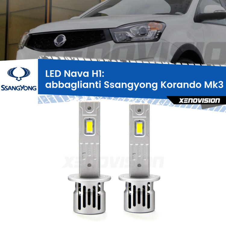 <strong>Abbaglianti LED no-spie per Ssangyong Korando</strong> Mk3 2013 -2019. Coppia lampade <strong> H1</strong> modello Nava canbus, raffreddate a ventola.