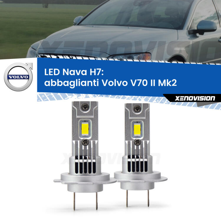 <strong>Abbaglianti LED no-spie per Volvo V70 II</strong> Mk2 fino al 2004, con fari Bi-Xenon. Coppia lampade <strong>H7</strong> modello Nava canbus, raffreddate a ventola.