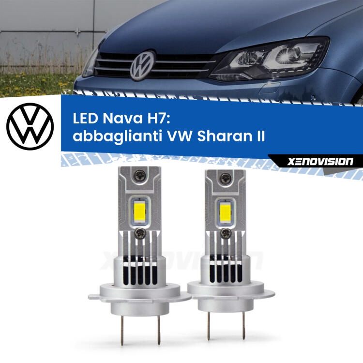 <strong>Abbaglianti LED no-spie per VW Sharan</strong> II 2010 -2019. Coppia lampade <strong>H7</strong> modello Nava canbus, raffreddate a ventola.