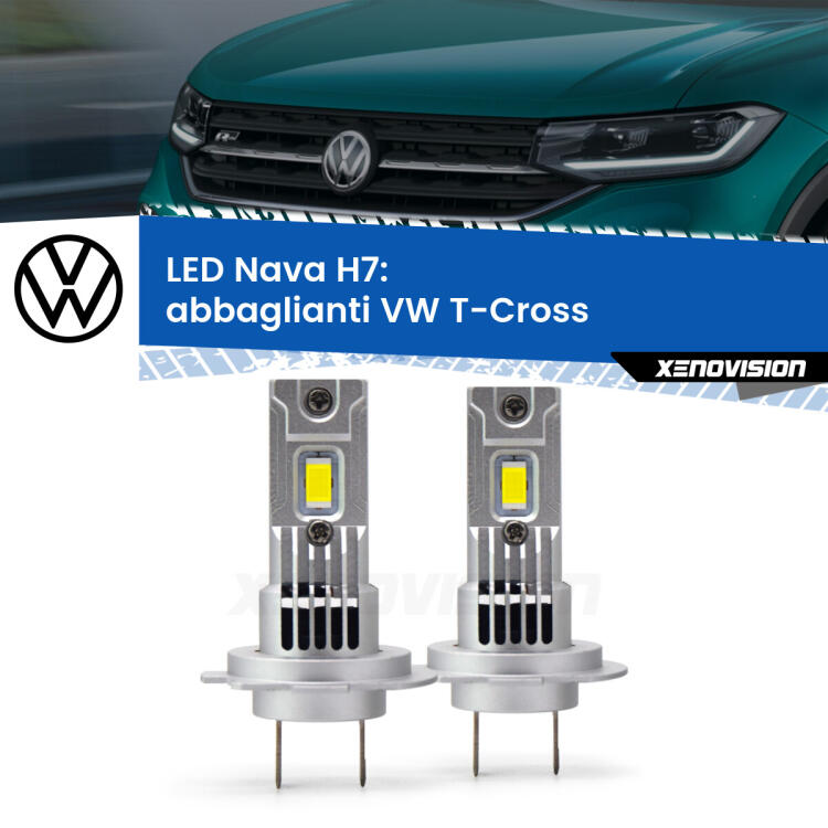 <strong>Abbaglianti LED no-spie per VW T-Cross</strong>  2018 in poi. Coppia lampade <strong>H7</strong> modello Nava canbus, raffreddate a ventola.