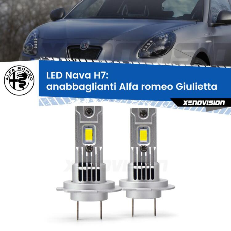 <strong>Anabbaglianti LED no-spie per Alfa romeo Giulietta</strong>  dal 2014 in poi. Coppia lampade <strong>H7</strong> modello Nava canbus, raffreddate a ventola.
