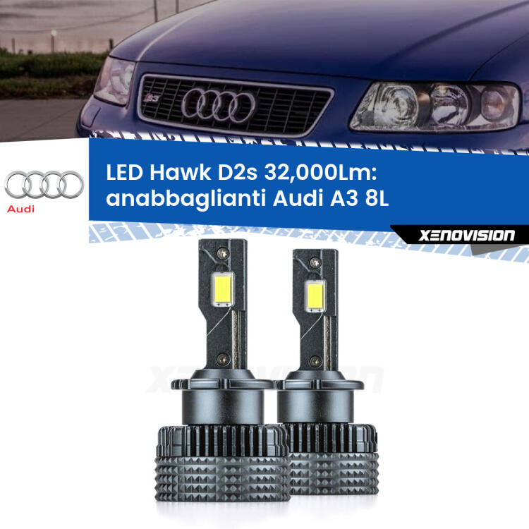<strong>Kit anabbaglianti LED specifico per Audi A3</strong> 8L 1996 - 2003. Lampade <strong>D2S/D2R</strong> Canbus da 32.000Lumen di luminosità modello Hawk Xenovision.