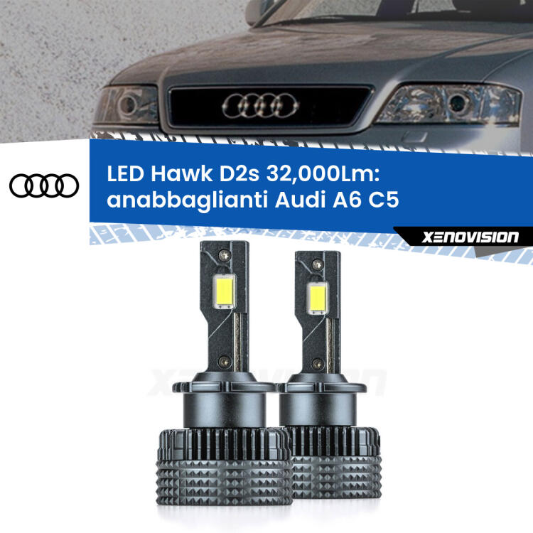 <strong>Kit anabbaglianti LED specifico per Audi A6</strong> C5 1997 - 2004. Lampade <strong>D2S/D2R</strong> Canbus da 32.000Lumen di luminosità modello Hawk Xenovision.