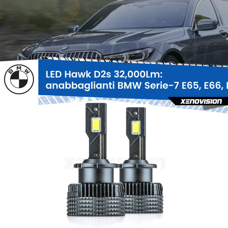 <strong>Kit anabbaglianti LED specifico per BMW Serie-7</strong> E65, E66, E67 2001 - 2005. Lampade <strong>D2S/D2R</strong> Canbus da 32.000Lumen di luminosità modello Hawk Xenovision.