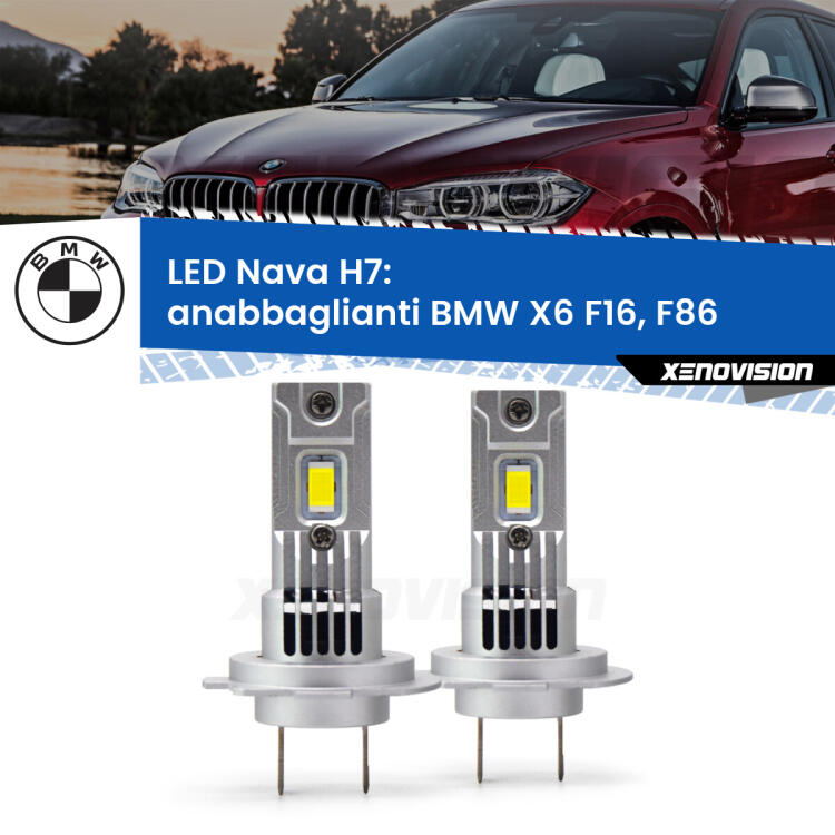 <strong>Anabbaglianti LED no-spie per BMW X6</strong> F16, F86 2015 - 2019. Coppia lampade <strong>H7</strong> modello Nava canbus, raffreddate a ventola.