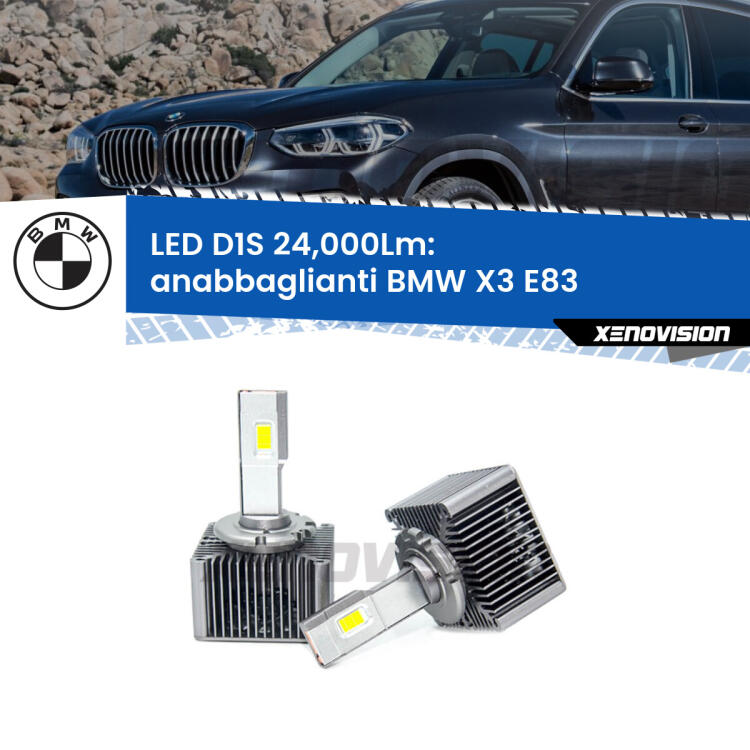 <strong>Lampade conversione a LED specifiche per BMW X3</strong> E83 2006 - 2010 con fari D1S xenon di serie. Lampade Canbus da 24.000Lumen, Qualità Massima.