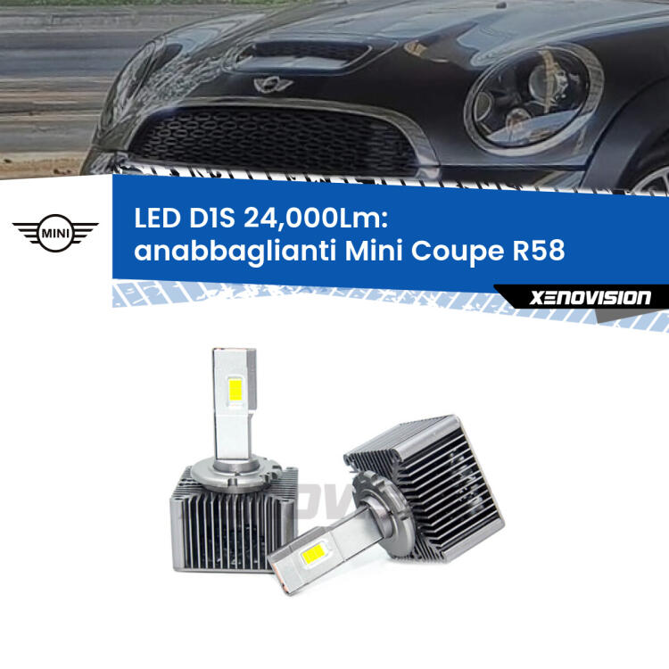<strong>Lampade conversione a LED specifiche per Mini Coupe</strong> R58 2011 - 2015 con fari D1S xenon di serie. Lampade Canbus da 24.000Lumen, Qualità Massima.