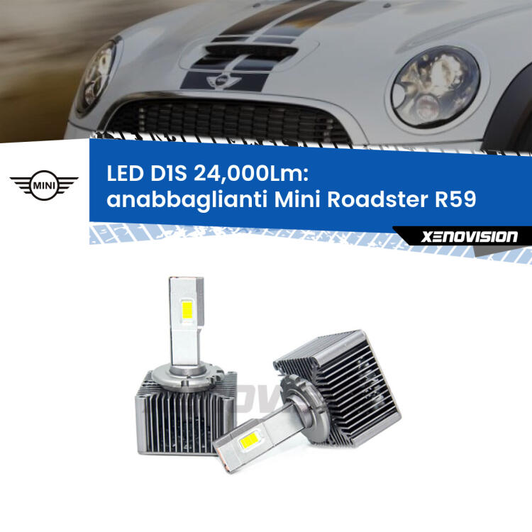 <strong>Lampade conversione a LED specifiche per Mini Roadster</strong> R59 2012 - 2015 con fari D1S xenon di serie. Lampade Canbus da 24.000Lumen, Qualità Massima.