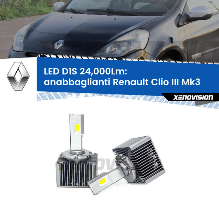 <strong>Lampade conversione a LED specifiche per Renault Clio III</strong>  2005 - 2011 con fari D1S xenon di serie. Lampade Canbus da 24.000Lumen, Qualità Massima.