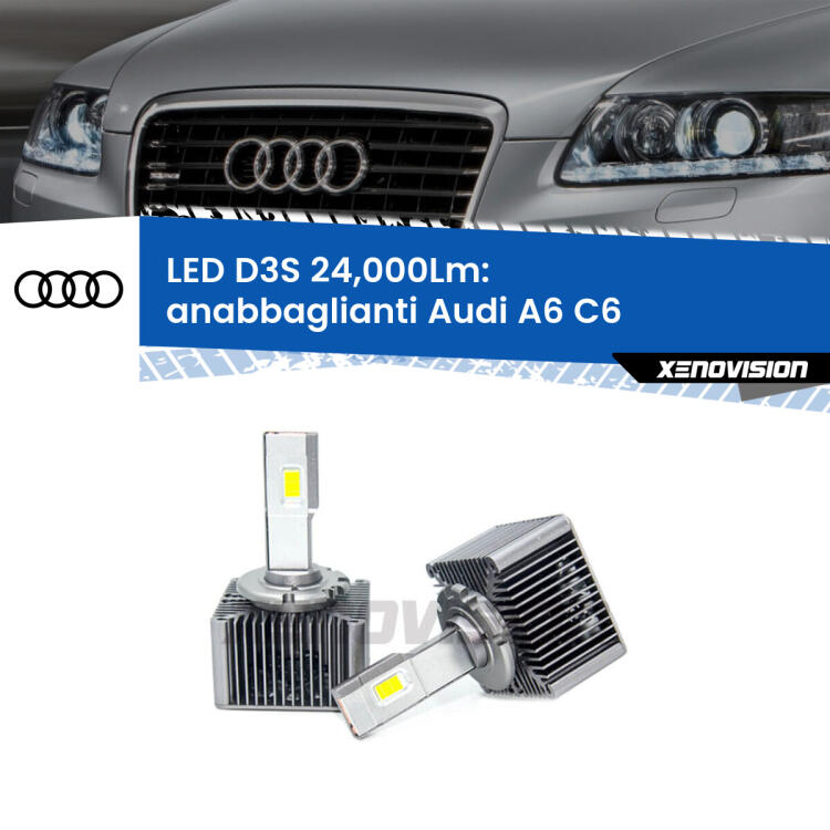 <strong>Kit trasformazione a LED per fari xenon di serie Audi A6</strong> C6 2009 - 2011. Lampade <strong>D3S</strong> Plug&Play no-errori 24.000Lumen da Xenovision.