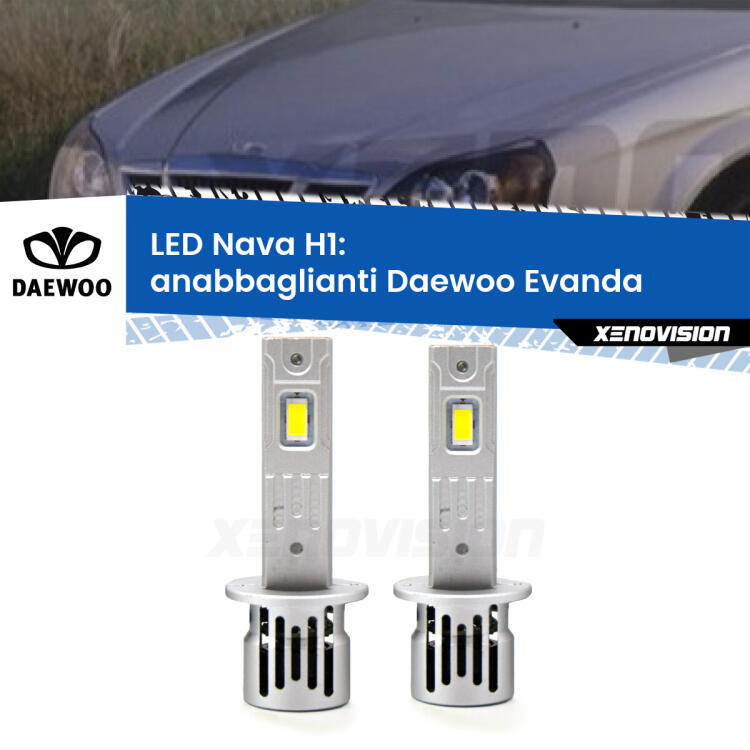 <strong>Anabbaglianti LED no-spie per Daewoo Evanda</strong>  2002 - 2005. Coppia lampade <strong> H1</strong> modello Nava canbus, raffreddate a ventola.