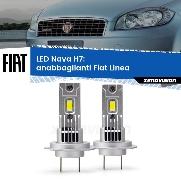 <strong>Anabbaglianti LED no-spie per Fiat Linea</strong>  2007 - 2018. Coppia lampade <strong>H7</strong> modello Nava canbus, raffreddate a ventola.