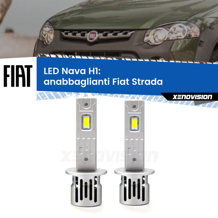 <strong>Anabbaglianti LED no-spie per Fiat Strada</strong>  a parabola doppia. Coppia lampade <strong> H1</strong> modello Nava canbus, raffreddate a ventola.