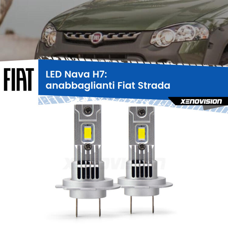<strong>Anabbaglianti LED no-spie per Fiat Strada</strong>  a parabola doppia. Coppia lampade <strong>H7</strong> modello Nava canbus, raffreddate a ventola.