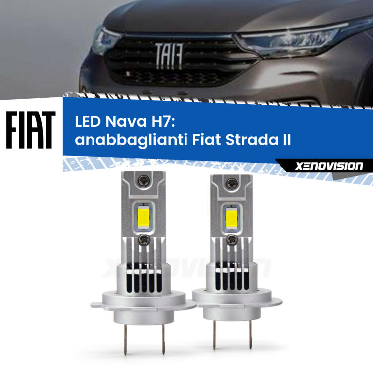 <strong>Anabbaglianti LED no-spie per Fiat Strada</strong> II 2º restyling. Coppia lampade <strong>H7</strong> modello Nava canbus, raffreddate a ventola.