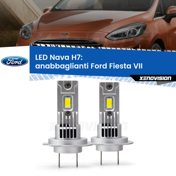 <strong>Anabbaglianti LED no-spie per Ford Fiesta</strong> Mk7 con fari lenticolari. Coppia lampade <strong>H7</strong> modello Nava canbus, raffreddate a ventola.