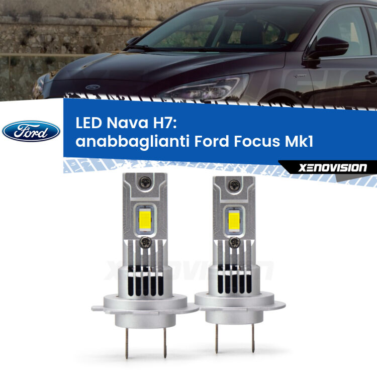 <strong>Anabbaglianti LED no-spie per Ford Focus</strong>  a parabola doppia. Coppia lampade <strong>H7</strong> modello Nava canbus, raffreddate a ventola.