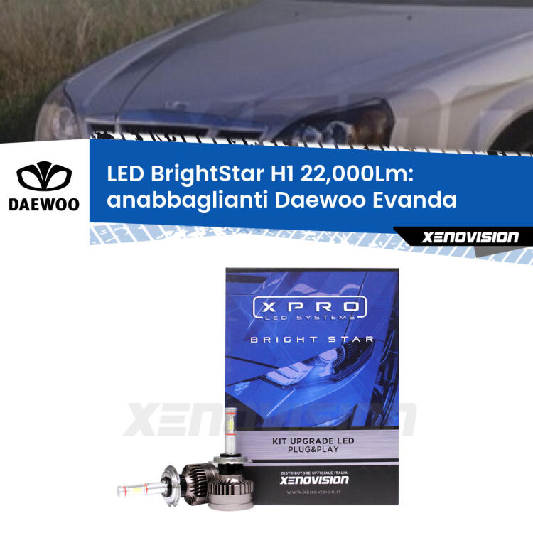 <strong>Kit LED anabbaglianti per Daewoo Evanda</strong>  2002 - 2005. </strong>Due lampade Canbus H1 Brightstar da 22,000 Lumen. Qualità Massima.