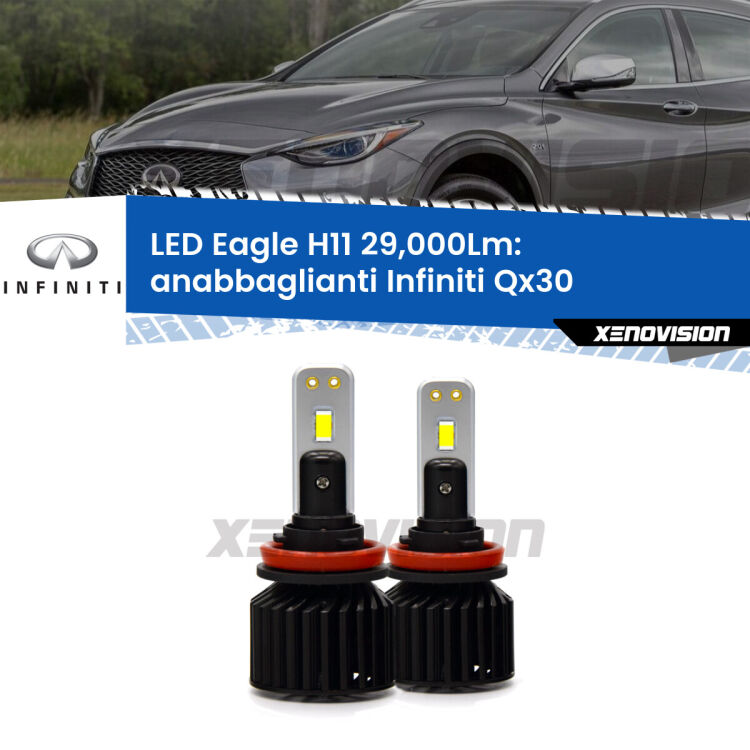 <strong>Kit anabbaglianti LED specifico per Infiniti QX30</strong>  2016 - 2019. Lampade <strong>H11</strong> Canbus da 29.000Lumen di luminosità modello Eagle Xenovision.
