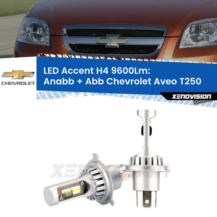 <strong>Kit LED per anabbaglianti + abbaglianti Aveo</strong> T250 2005 - 2011.</strong> Coppia lampade <strong>H4</strong> doppia intensità senza ventola e ultracompatte per installazioni in fari senza spazi.