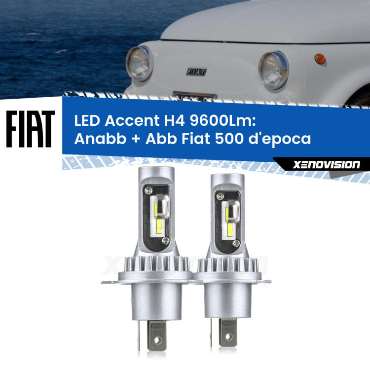 <strong>Kit LED per anabbaglianti + abbaglianti 500 d'epoca</strong>  in poi.</strong> Coppia lampade <strong>H4</strong> doppia intensità senza ventola e ultracompatte per installazioni in fari senza spazi.