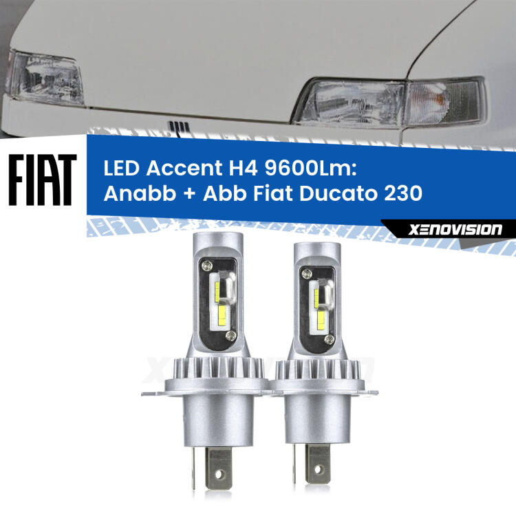 <strong>Kit LED per anabbaglianti + abbaglianti Ducato</strong> 230 1994 - 2002.</strong> Coppia lampade <strong>H4</strong> doppia intensità senza ventola e ultracompatte per installazioni in fari senza spazi.