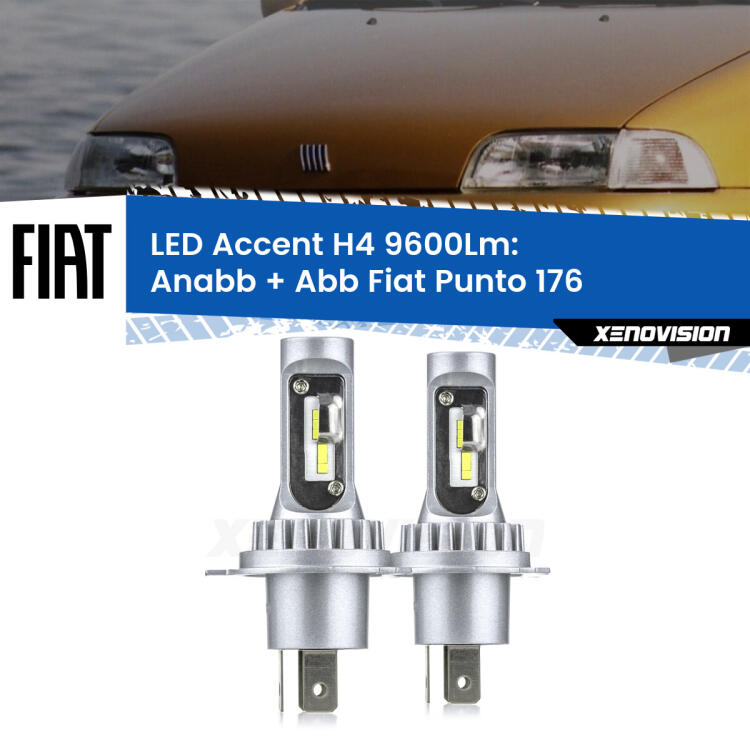 <strong>Kit LED per anabbaglianti + abbaglianti Punto</strong> 176 a parabola singola.</strong> Coppia lampade <strong>H4</strong> doppia intensità senza ventola e ultracompatte per installazioni in fari senza spazi.