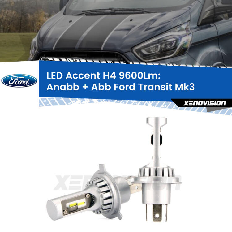 <strong>Kit LED per anabbaglianti + abbaglianti Transit</strong> Mk3 2000 - 2013.</strong> Coppia lampade <strong>H4</strong> doppia intensità senza ventola e ultracompatte per installazioni in fari senza spazi.