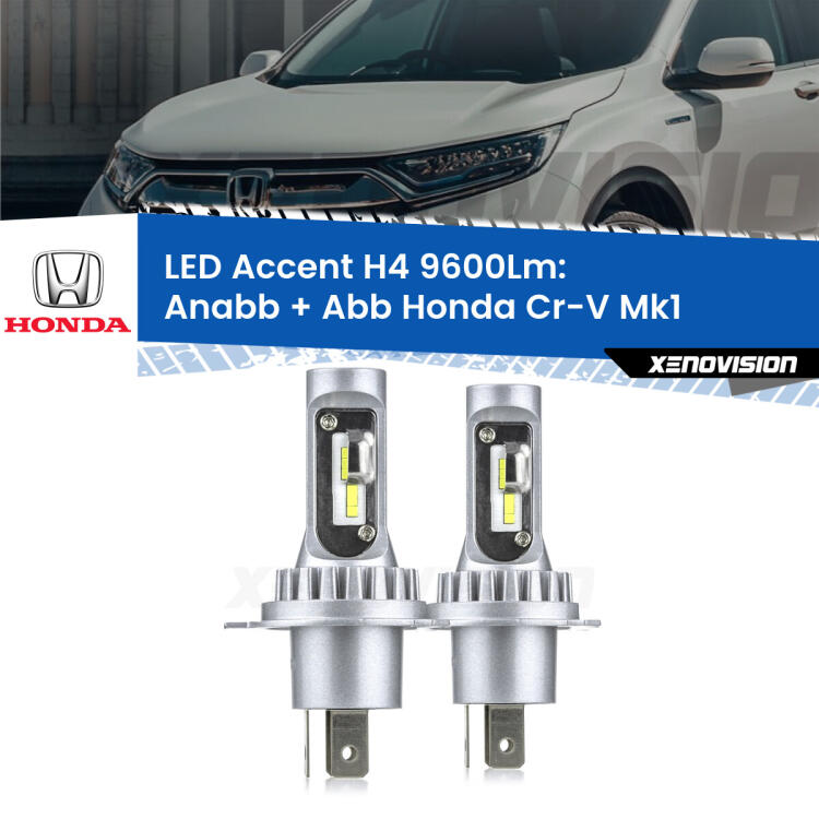 <strong>Kit LED per anabbaglianti + abbaglianti Cr-V</strong> Mk1 1995 - 2000.</strong> Coppia lampade <strong>H4</strong> doppia intensità senza ventola e ultracompatte per installazioni in fari senza spazi.