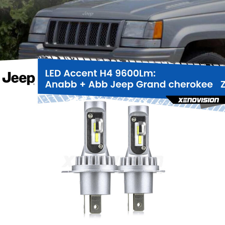 <strong>Kit LED per anabbaglianti + abbaglianti Grand cherokee  </strong> ZJ 1993 - 1998.</strong> Coppia lampade <strong>H4</strong> doppia intensità senza ventola e ultracompatte per installazioni in fari senza spazi.