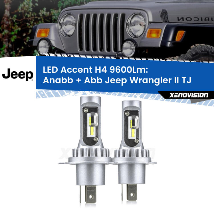 <strong>Kit LED per anabbaglianti + abbaglianti Wrangler II</strong> TJ 1996 - 2005.</strong> Coppia lampade <strong>H4</strong> doppia intensità senza ventola e ultracompatte per installazioni in fari senza spazi.