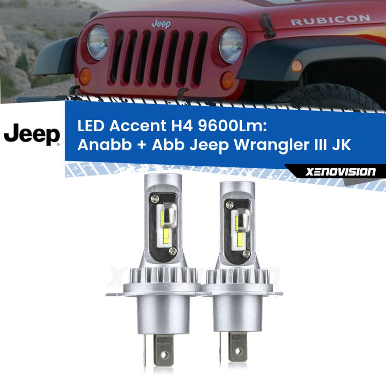<strong>Kit LED per anabbaglianti + abbaglianti Wrangler III</strong> JK 2006 - 2016.</strong> Coppia lampade <strong>H4</strong> doppia intensità senza ventola e ultracompatte per installazioni in fari senza spazi.