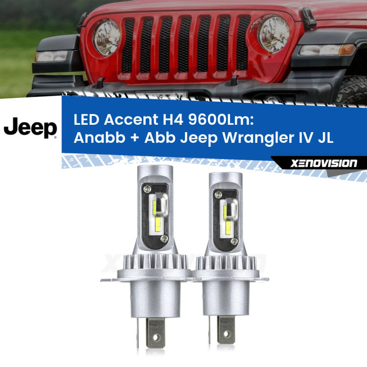 <strong>Kit LED per anabbaglianti + abbaglianti Wrangler IV</strong> JL 2017 in poi.</strong> Coppia lampade <strong>H4</strong> doppia intensità senza ventola e ultracompatte per installazioni in fari senza spazi.