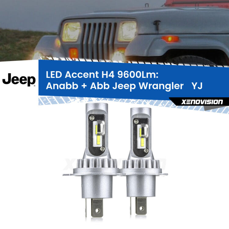 <strong>Kit LED per anabbaglianti + abbaglianti Wrangler  </strong> YJ 1986 - 1995.</strong> Coppia lampade <strong>H4</strong> doppia intensità senza ventola e ultracompatte per installazioni in fari senza spazi.
