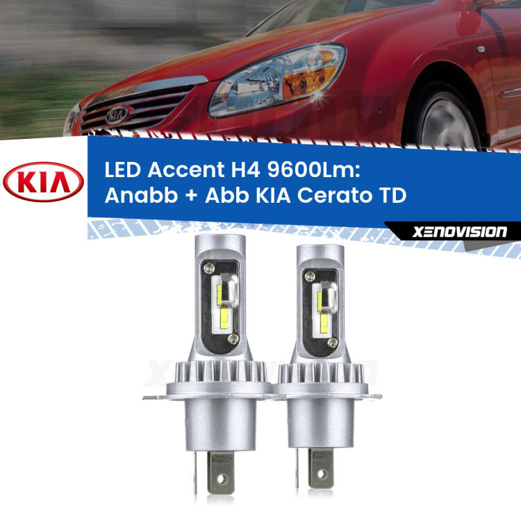 <strong>Kit LED per anabbaglianti + abbaglianti Cerato</strong> TD 2008 - 2011.</strong> Coppia lampade <strong>H4</strong> doppia intensità senza ventola e ultracompatte per installazioni in fari senza spazi.
