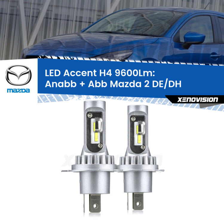 <strong>Kit LED per anabbaglianti + abbaglianti 2</strong> DE/DH a parabola singola.</strong> Coppia lampade <strong>H4</strong> doppia intensità senza ventola e ultracompatte per installazioni in fari senza spazi.