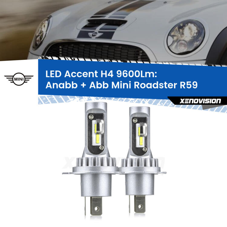 <strong>Kit LED per anabbaglianti + abbaglianti Roadster</strong> R59 2012 - 2015.</strong> Coppia lampade <strong>H4</strong> doppia intensità senza ventola e ultracompatte per installazioni in fari senza spazi.