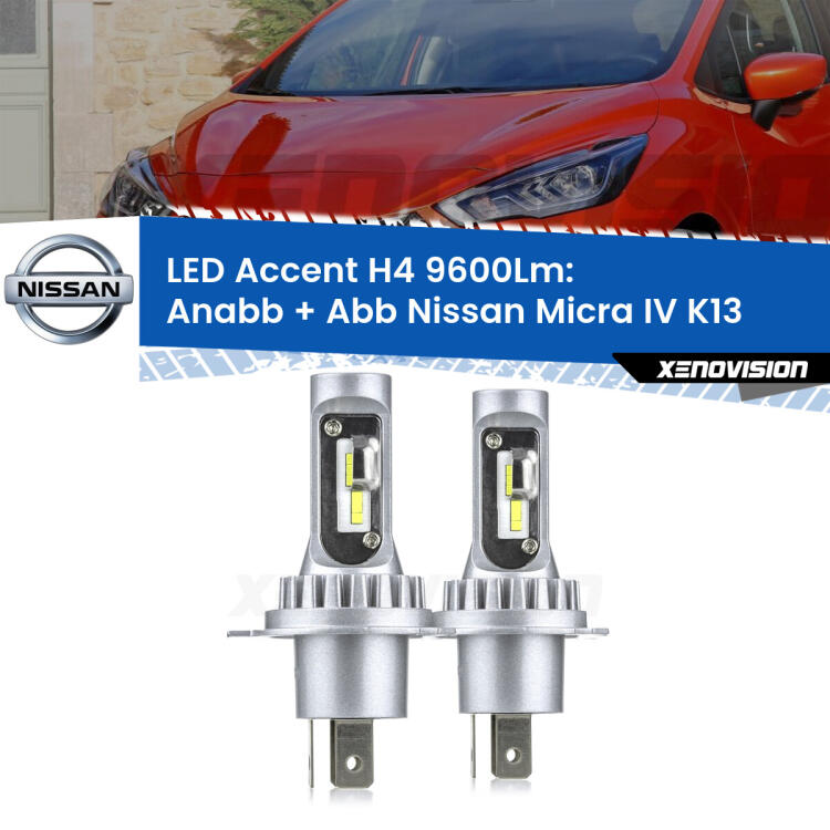<strong>Kit LED per anabbaglianti + abbaglianti Micra IV</strong> K13 2010 - 2015.</strong> Coppia lampade <strong>H4</strong> doppia intensità senza ventola e ultracompatte per installazioni in fari senza spazi.