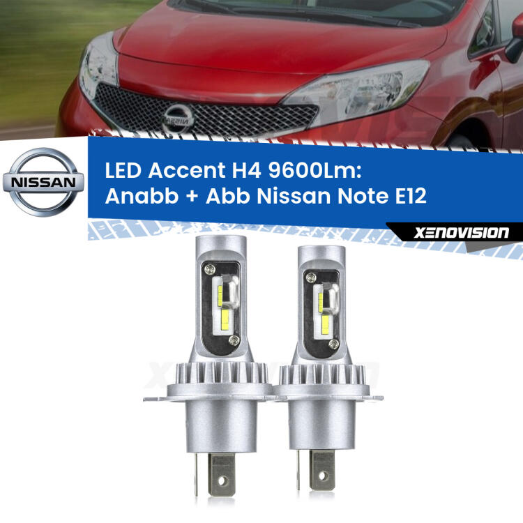 <strong>Kit LED per anabbaglianti + abbaglianti Note</strong> E12 2013 in poi.</strong> Coppia lampade <strong>H4</strong> doppia intensità senza ventola e ultracompatte per installazioni in fari senza spazi.