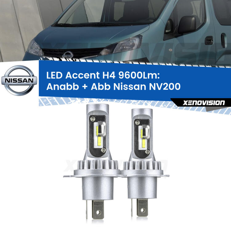 <strong>Kit LED per anabbaglianti + abbaglianti NV200</strong>  2010 - 2019.</strong> Coppia lampade <strong>H4</strong> doppia intensità senza ventola e ultracompatte per installazioni in fari senza spazi.