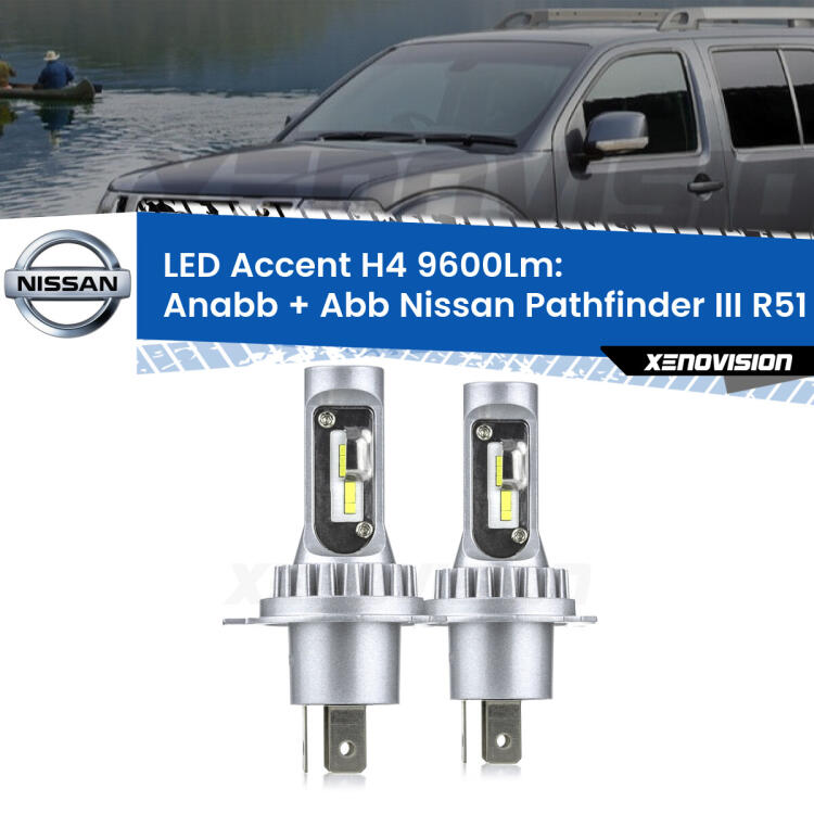<strong>Kit LED per anabbaglianti + abbaglianti Pathfinder III</strong> R51 2005 - 2011.</strong> Coppia lampade <strong>H4</strong> doppia intensità senza ventola e ultracompatte per installazioni in fari senza spazi.