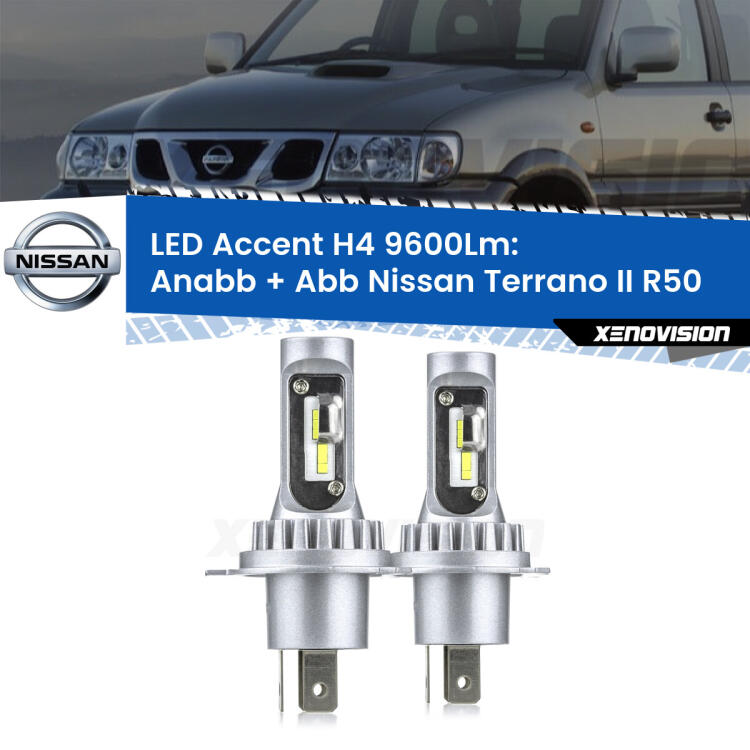 <strong>Kit LED per anabbaglianti + abbaglianti Terrano II</strong> R50 1997 - 2004.</strong> Coppia lampade <strong>H4</strong> doppia intensità senza ventola e ultracompatte per installazioni in fari senza spazi.